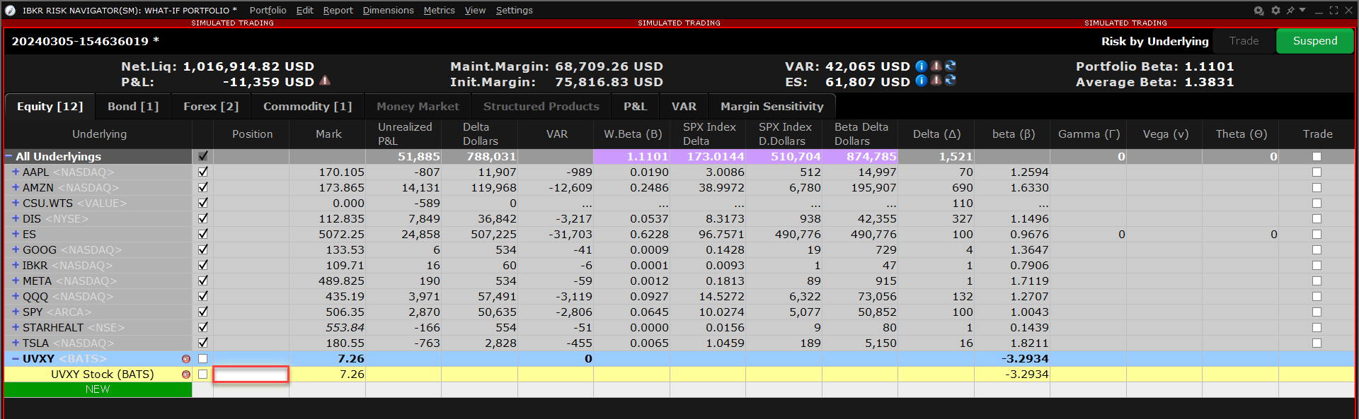 The what-if enter position quanity menu. 